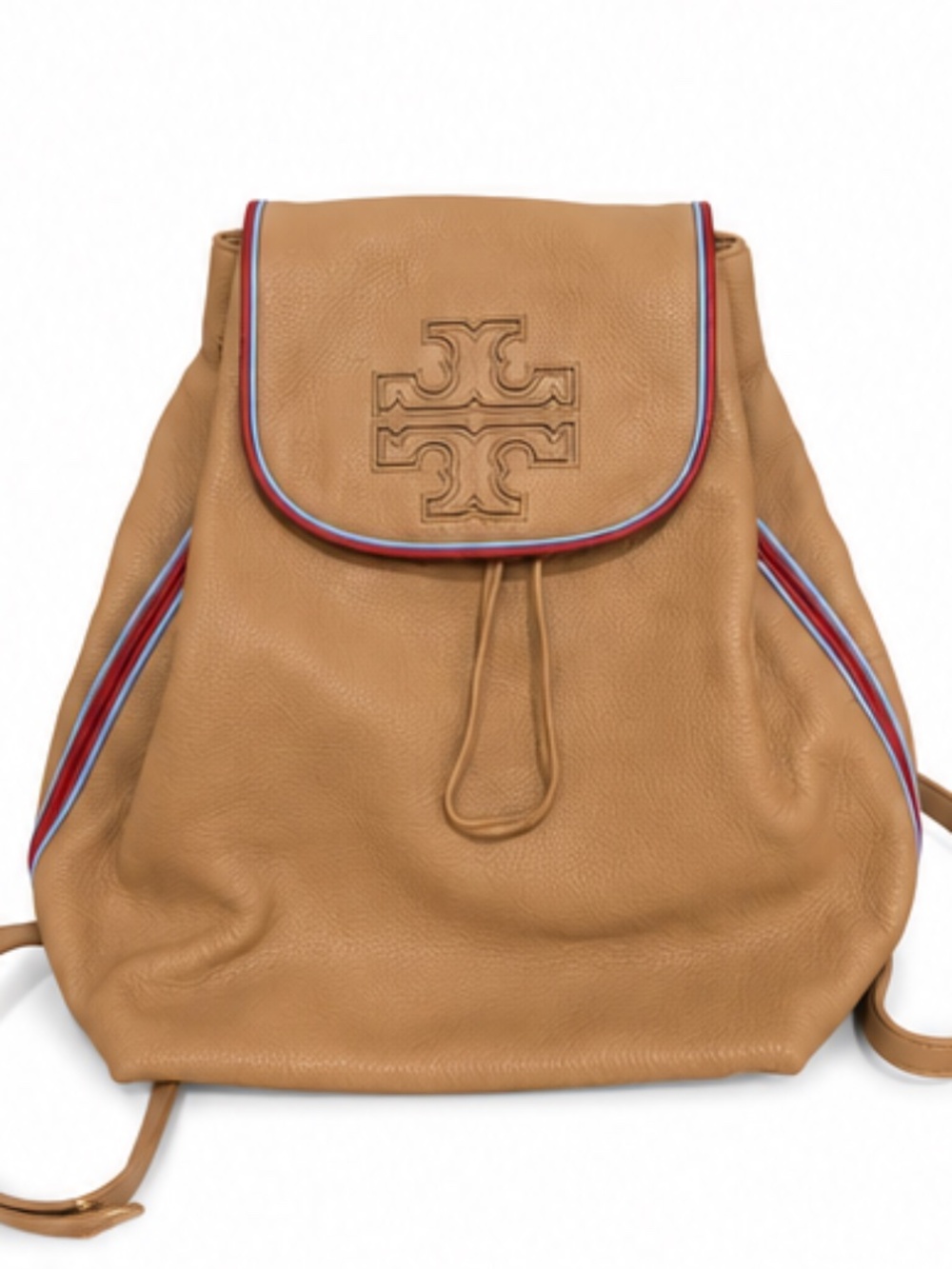 Tory Burch Pebbled Leather Backpack – Tan/Camel with Red & Blue Trim